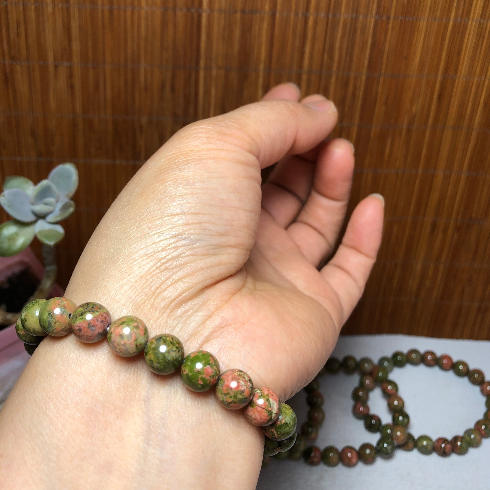 5Pcs Wholesal Natural Polish Unakite stone bracelets Crystal ball 8mm A3424