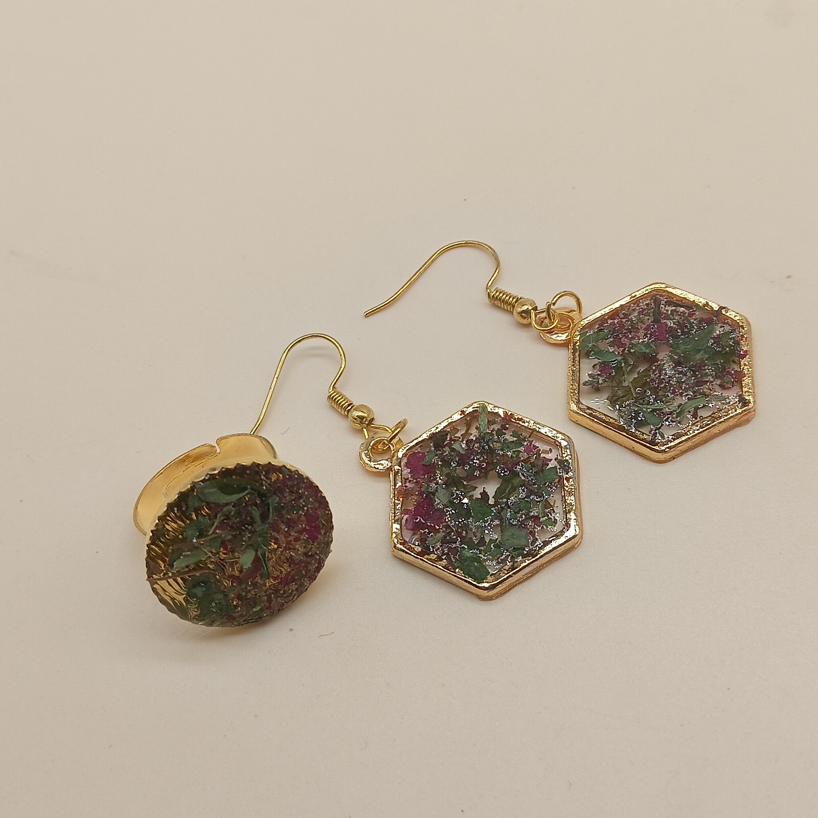 Hexagonal Botanical Resin Jewelry Trio