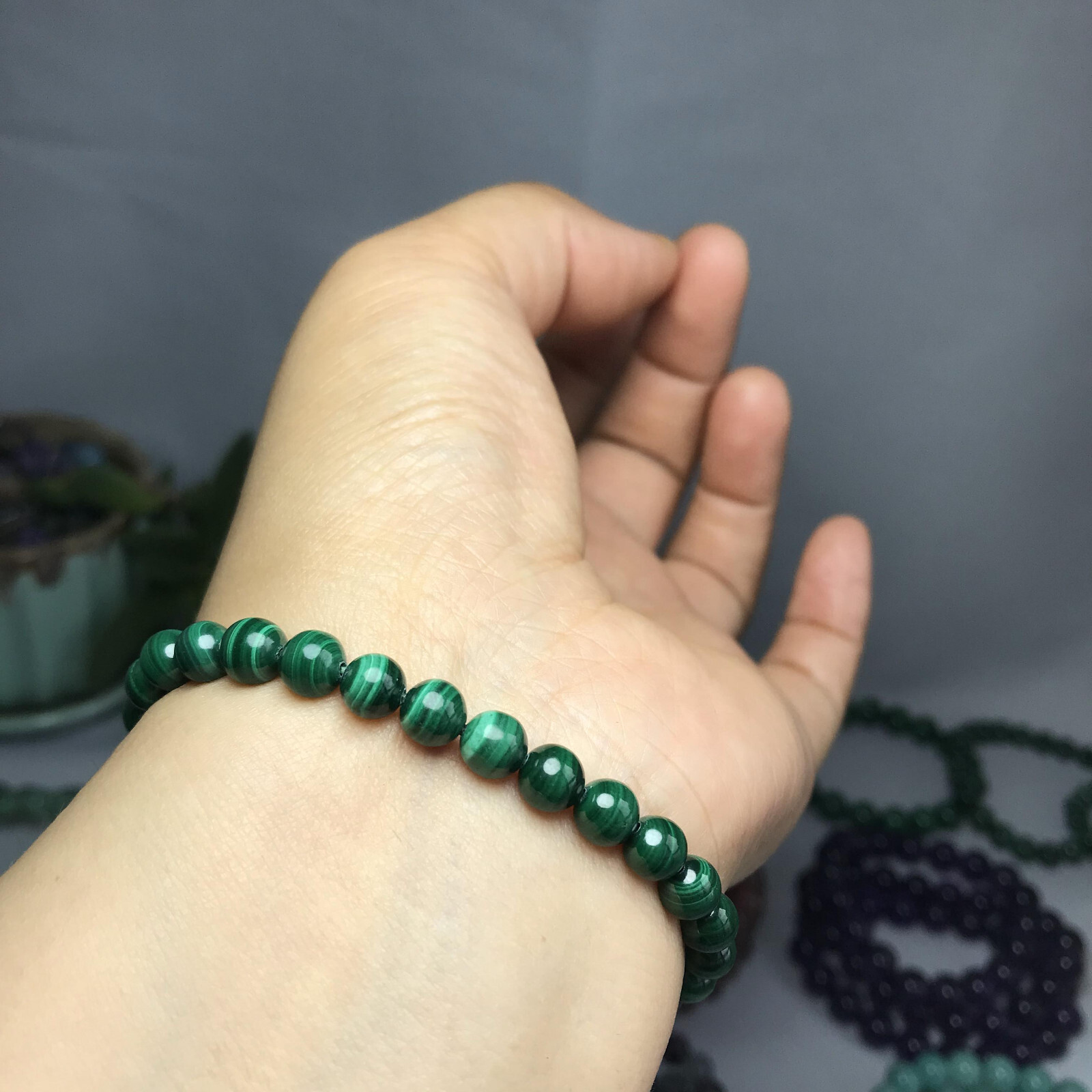 Natural malachite Polish stone bracelets Crystal ball sphere Specimen 6mm 13.8g