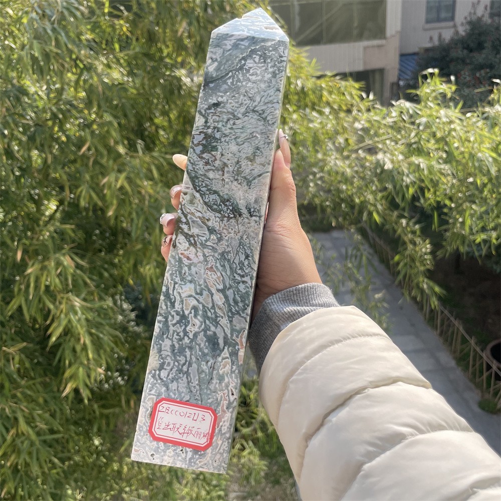 3.4LB 12.2″ Natural Moss Agate Obelisk Tower Crystal Quartz Point Mineral Reiki