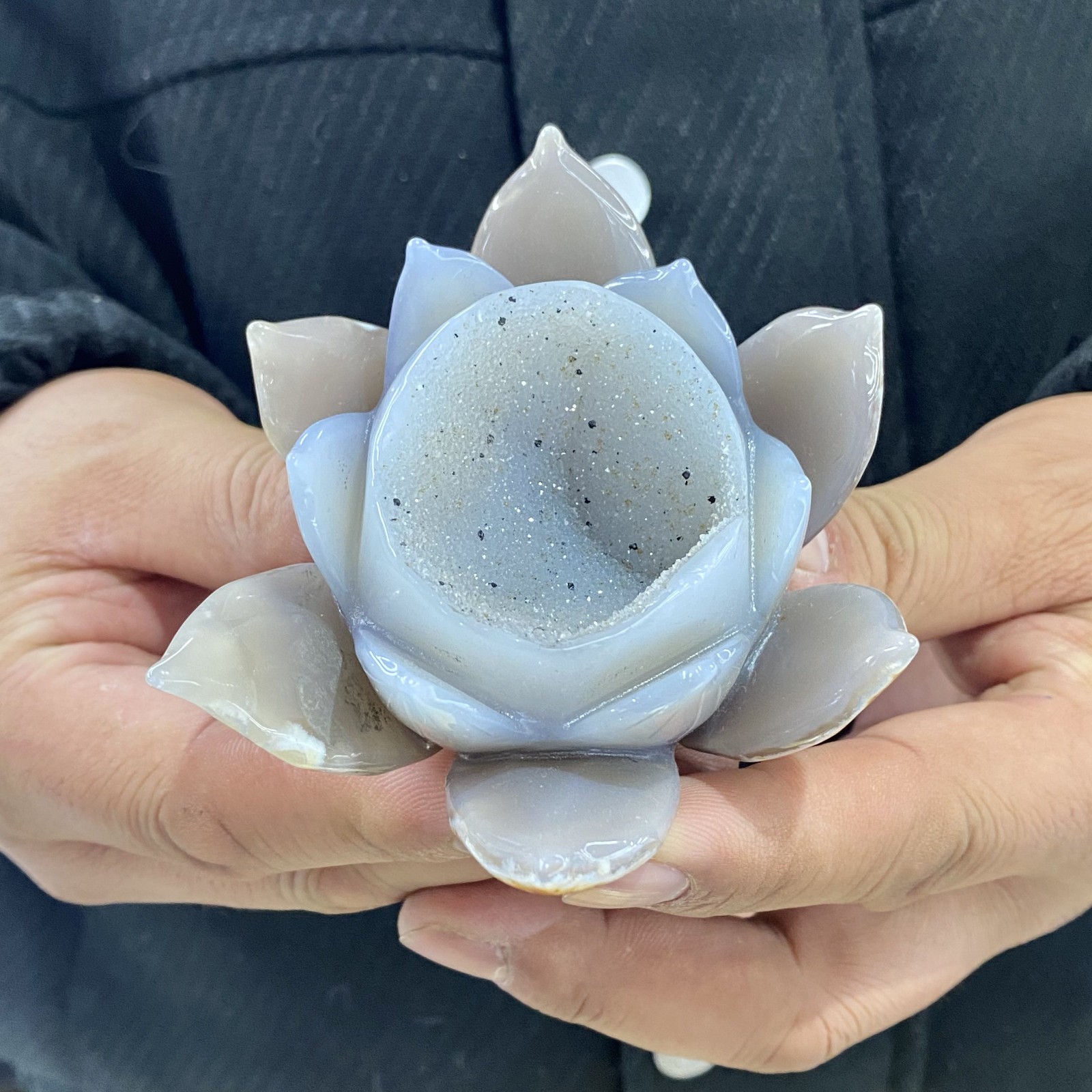 270G Druzy Agate Hand Carved Lotus Flower, Gemstone Lotus, Mothers Day Gift