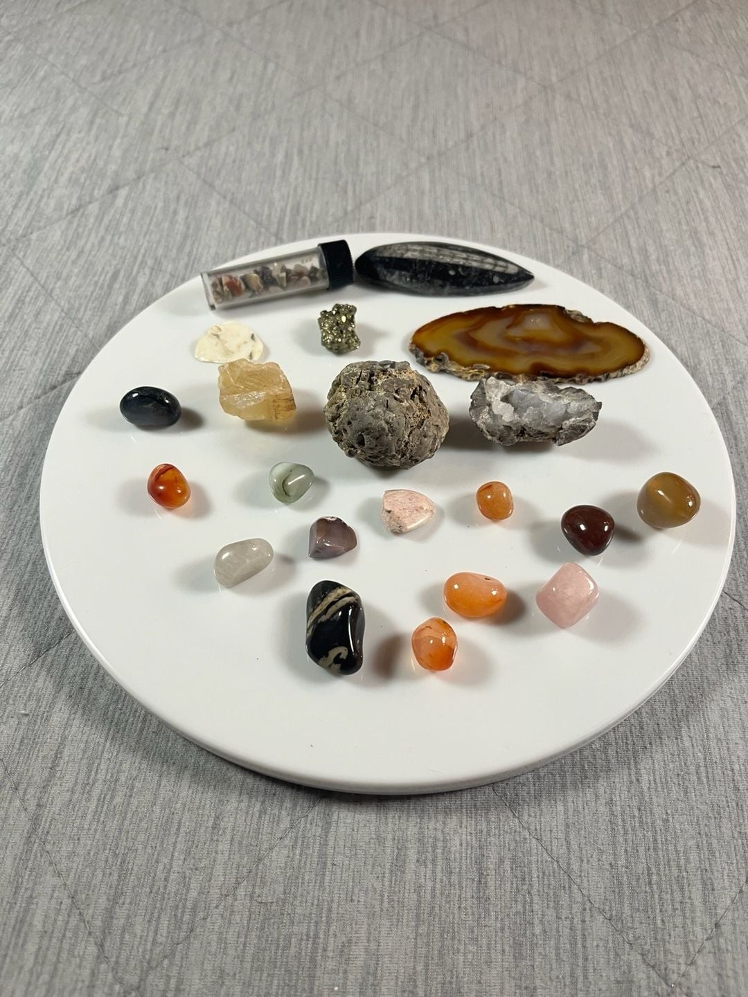 Mixed Mineral and Fossil Collection with Agate Slice, Orthoceras, Pyrite, and Tu