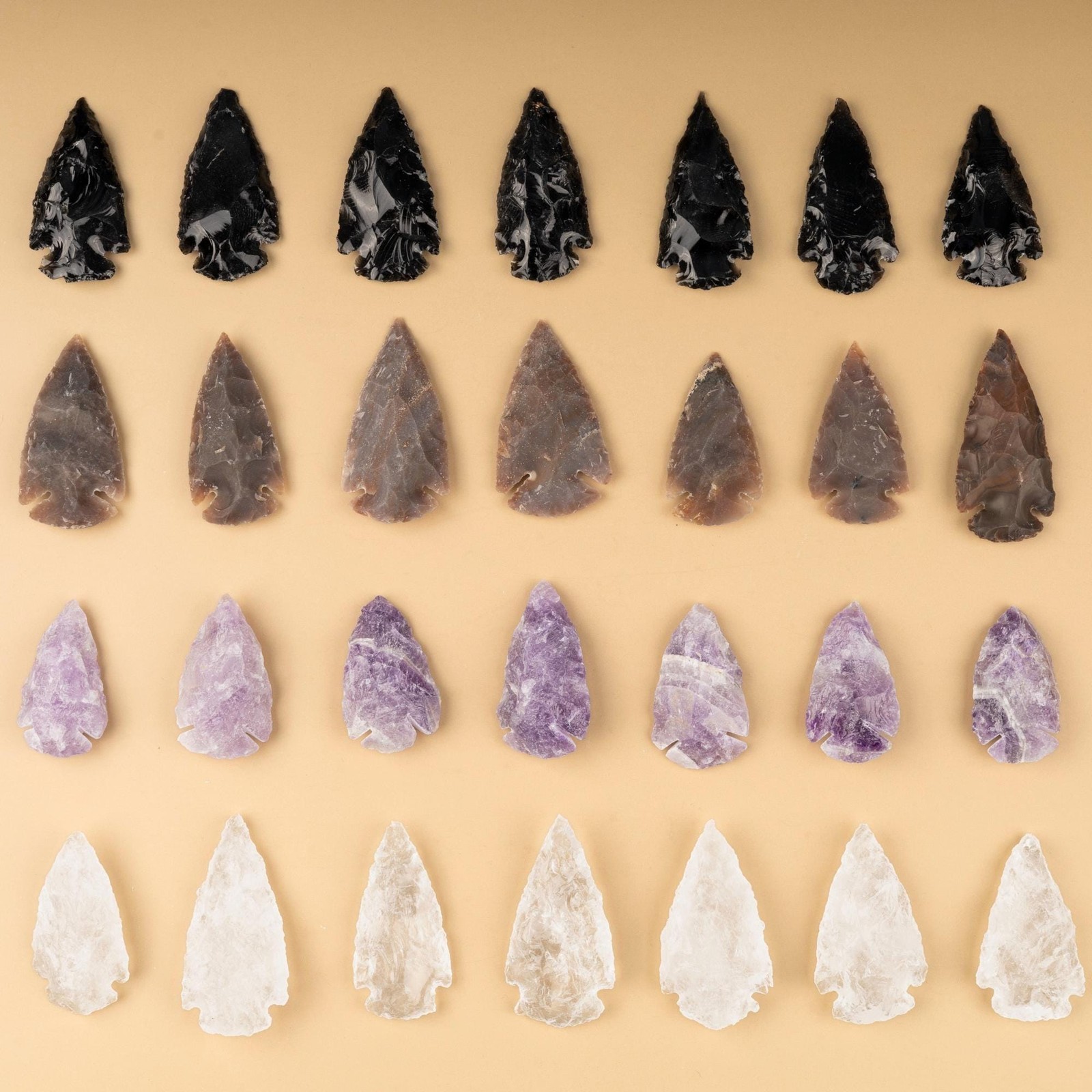 Hand Carved Crystal Arrowhead: 2″ Obsidian, Quartz, Jasper & 1.5″ Amethyst