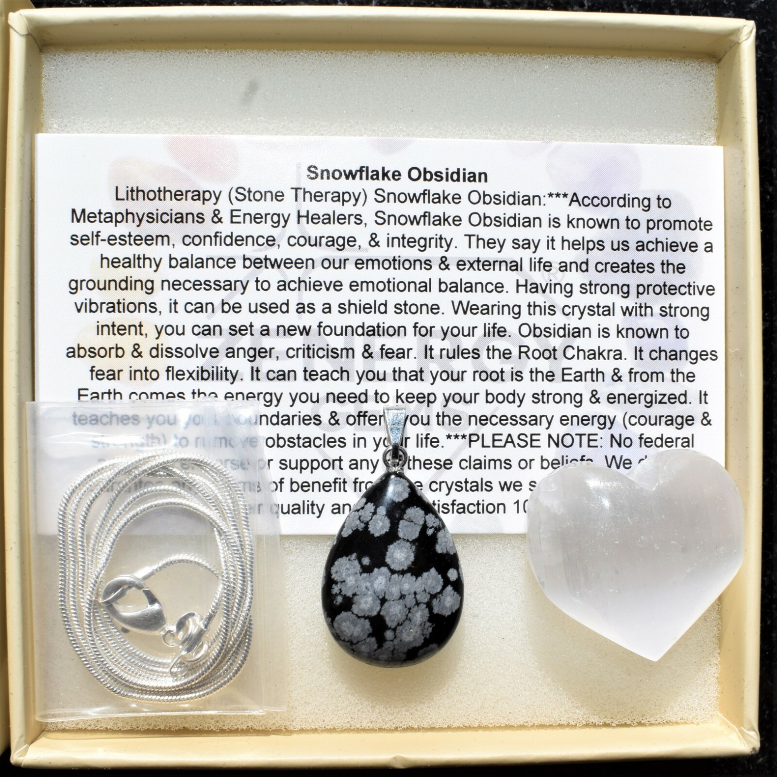 Charged Natural Snowflake Obsidian Teardrop Pendant + 20″ Stainless Steel Chain