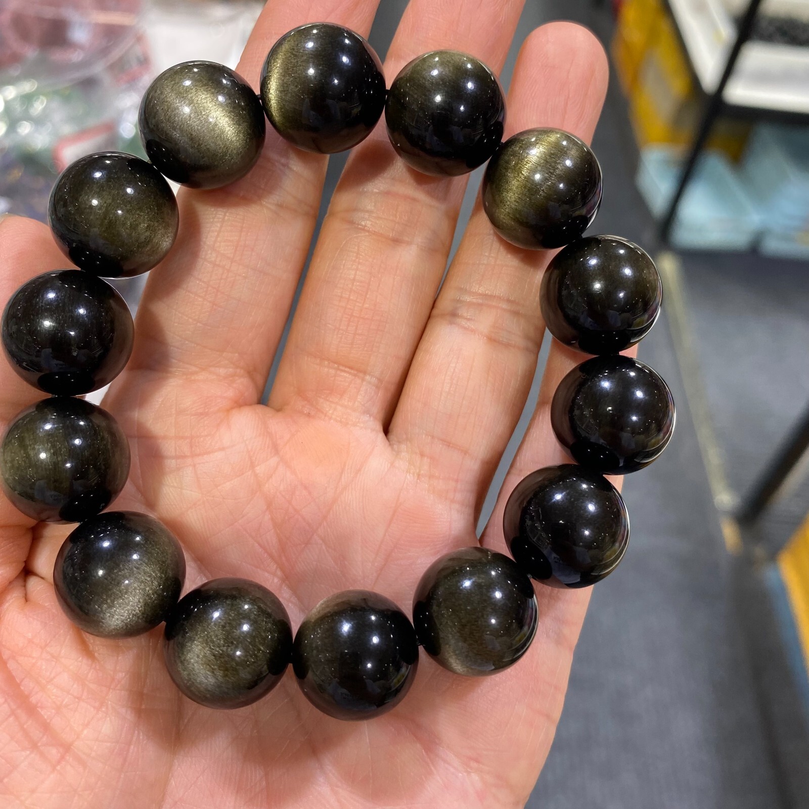 16mm Gold obsidian Beaded Bracelet Crystal Gemstone Stretch Bracelet
