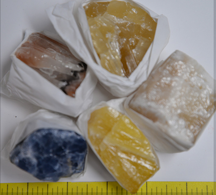 CALCITE Specimens, various colors, 5 rough stones, 1-lb. LOT #218