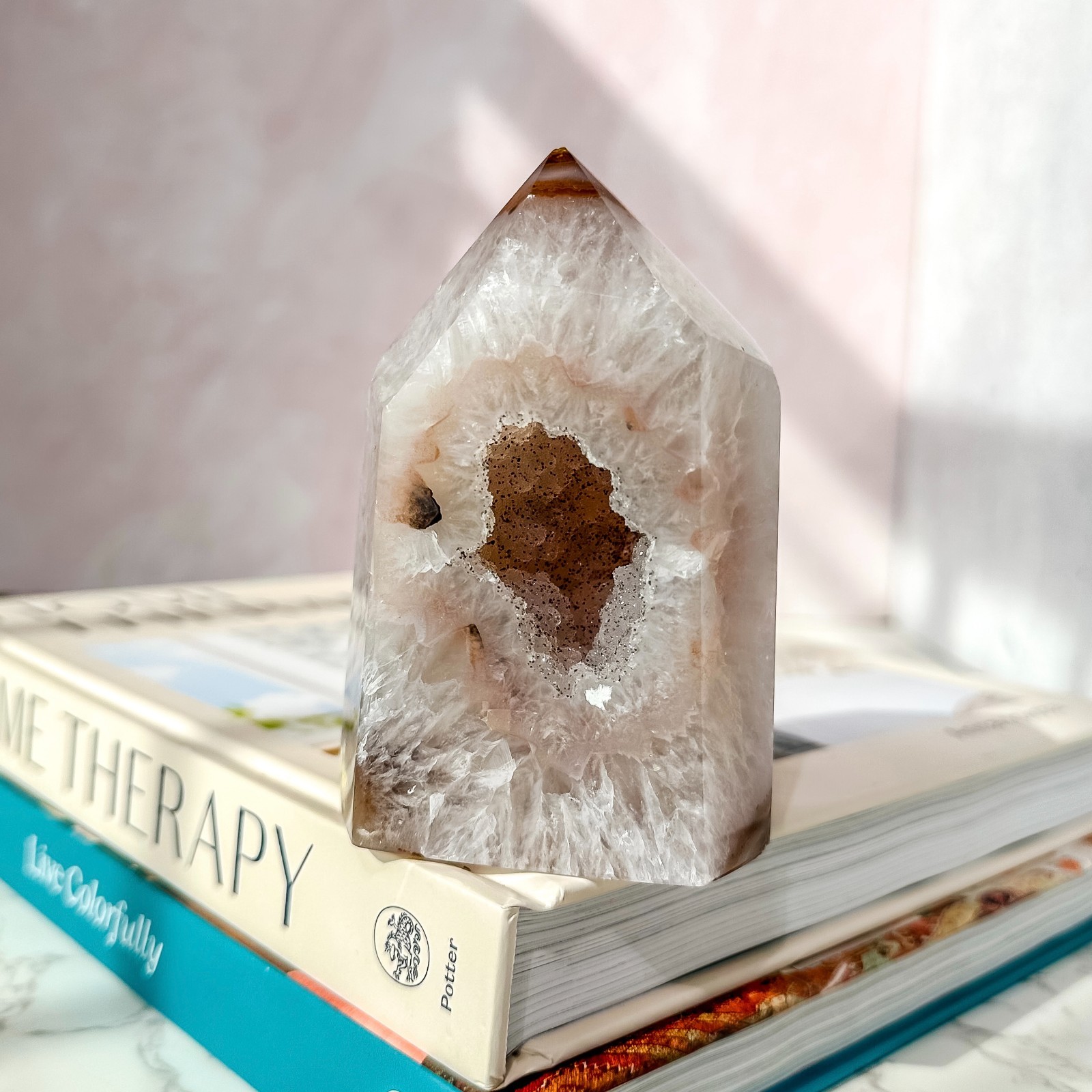 Agate Tower with Druzy Quartz Crystal ( 14.8 oz ) | Natural Gemstone Home Decor