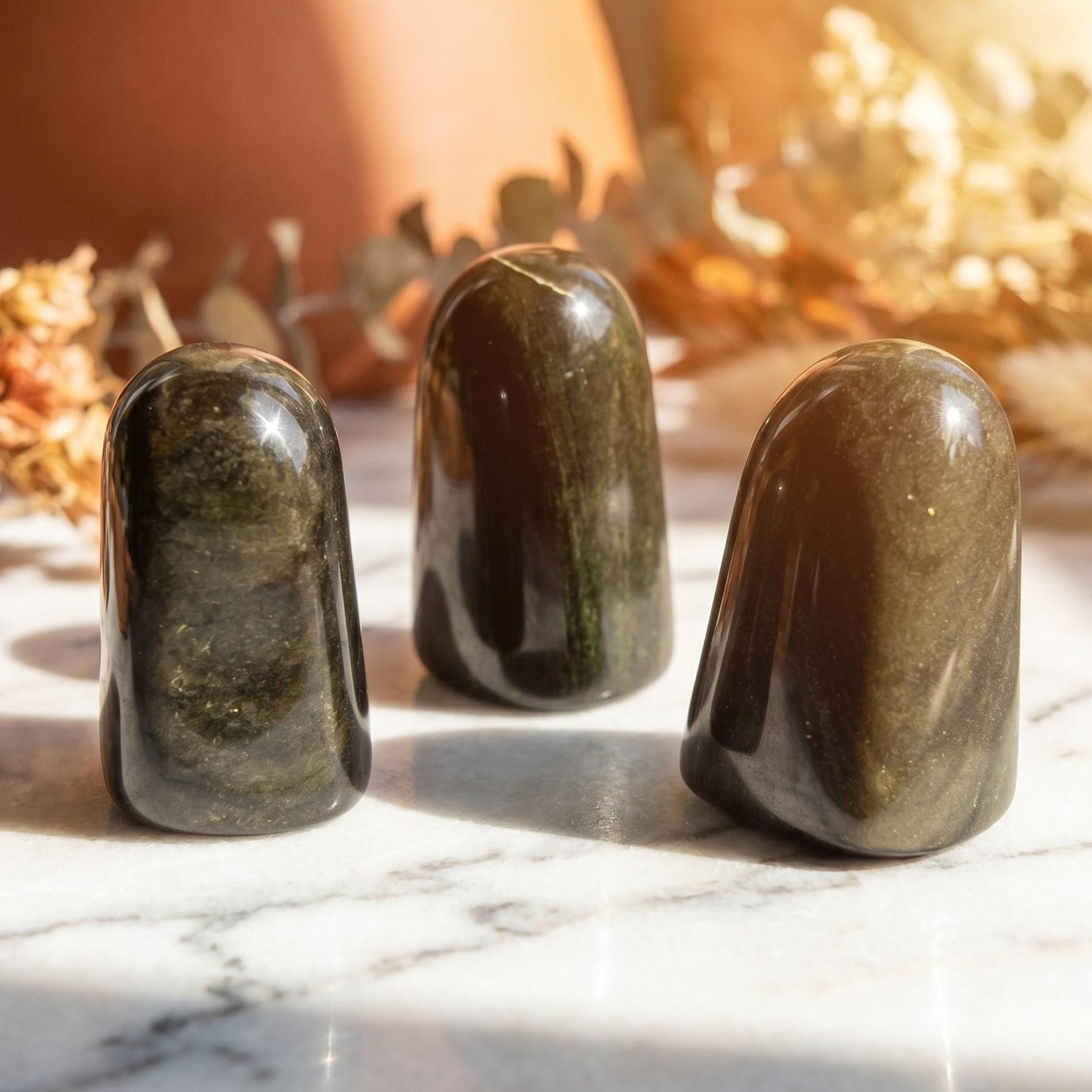 Gold and Silver Sheen Black Obsidian Freeform Standing Towers Genuine Mineral