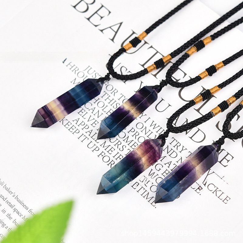 Natural Rainbow Fluorite Quartz Crystal Pendant Reiki Healing Gemstone Necklace
