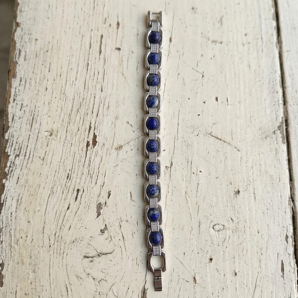 Premium Lapis Lazuli Link Bracelet Silver Plated, Gift for Communication