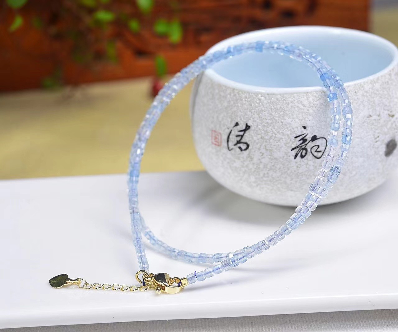 Blue Aquamarine Necklace Tiny 2.5mm Cube Beaded r Healing Delicate Women Crystal