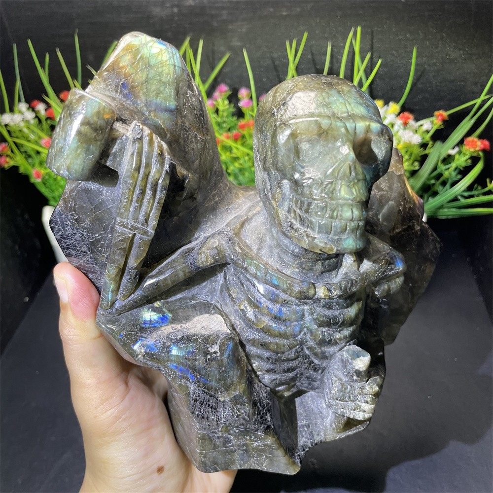 4.8LB 6.6″ Natural Labradoritee Skeleton Statue Crystal Reiki Carving Home Decor