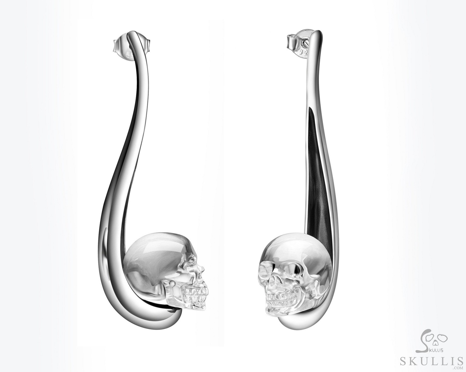 Quartz Rock & 925 Silver Crystal Hand Carved Crystal Skull Earrings