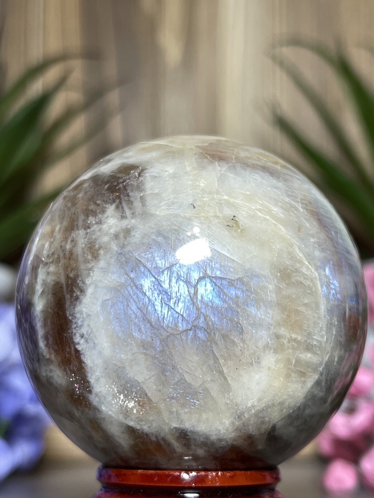 52mm MOONSTONE SUNSTONE SPHERE – Crystal Blue Feldspar Orange Mineral Witch 202g