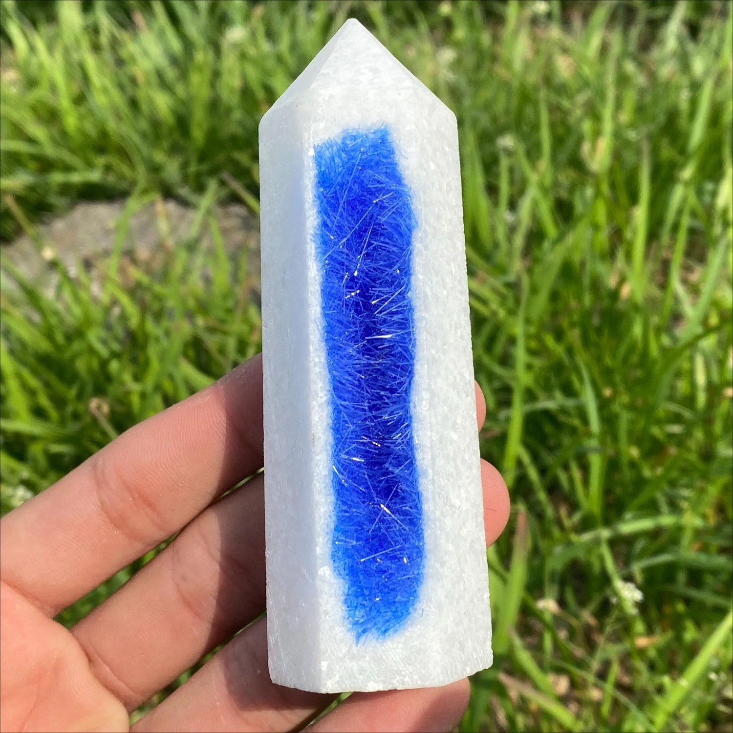 80-120G Wholesale Blue Hair Quartz Crystal Obelisk Polished Healing Home Decor
