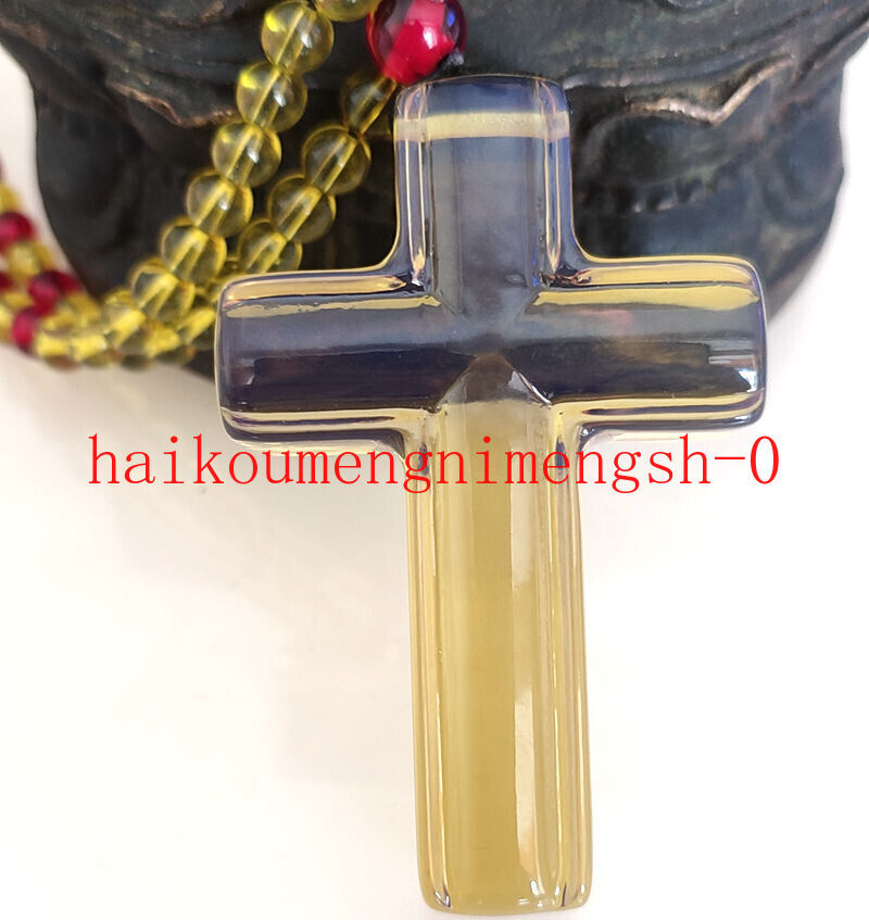 66mm Natural Green Blue Amber Christian Cross Pendant 6mm Beads Necklace