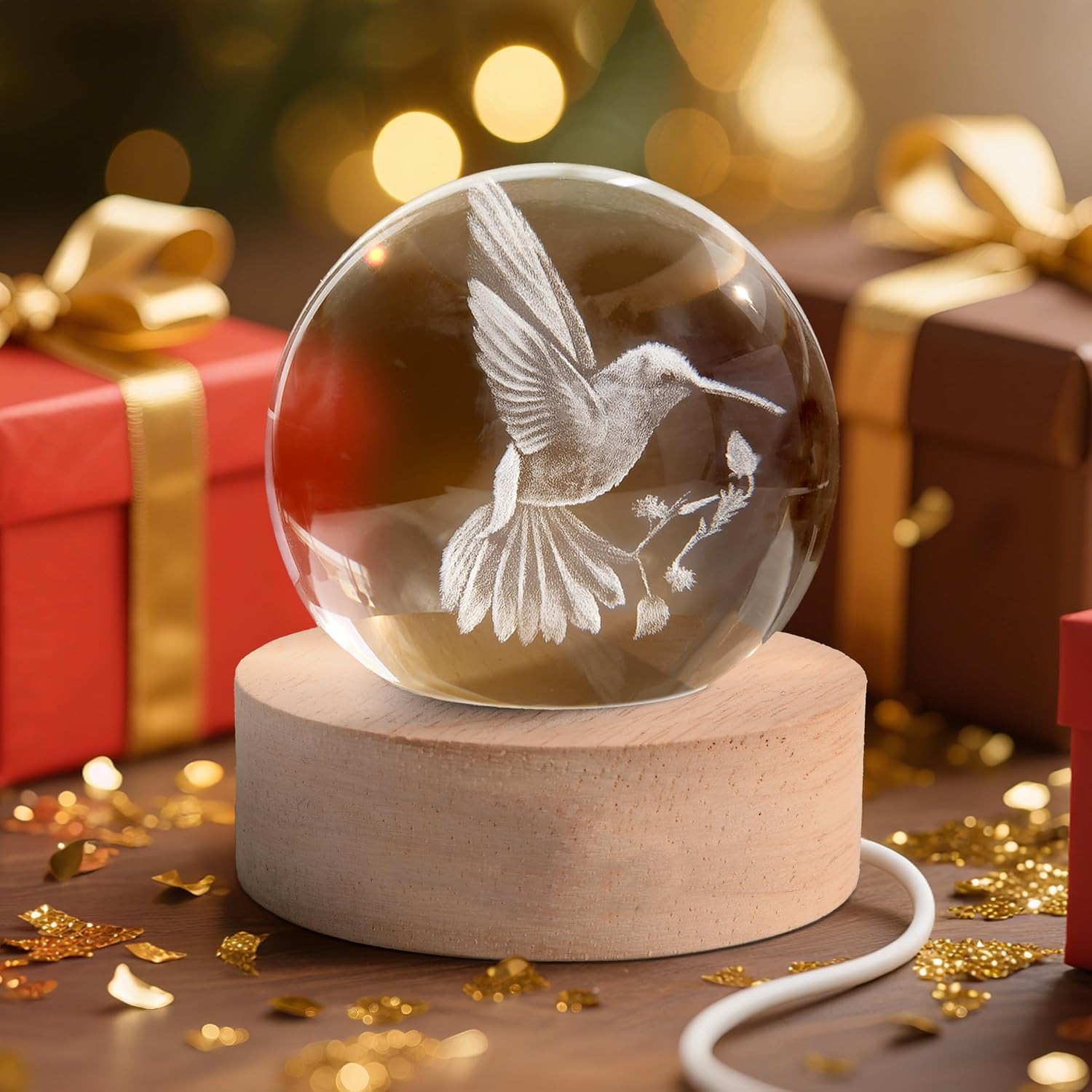 3D Laser Engraved Bird Crystal Ball with LED Stand, 60Mm Hummingbird Figurine