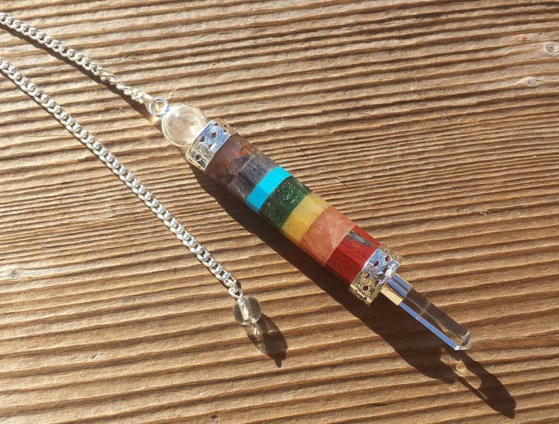 7 CHAKRA BONDED NATURAL GEMSTONE 3 STONE WAND PENDULUM (ONE)