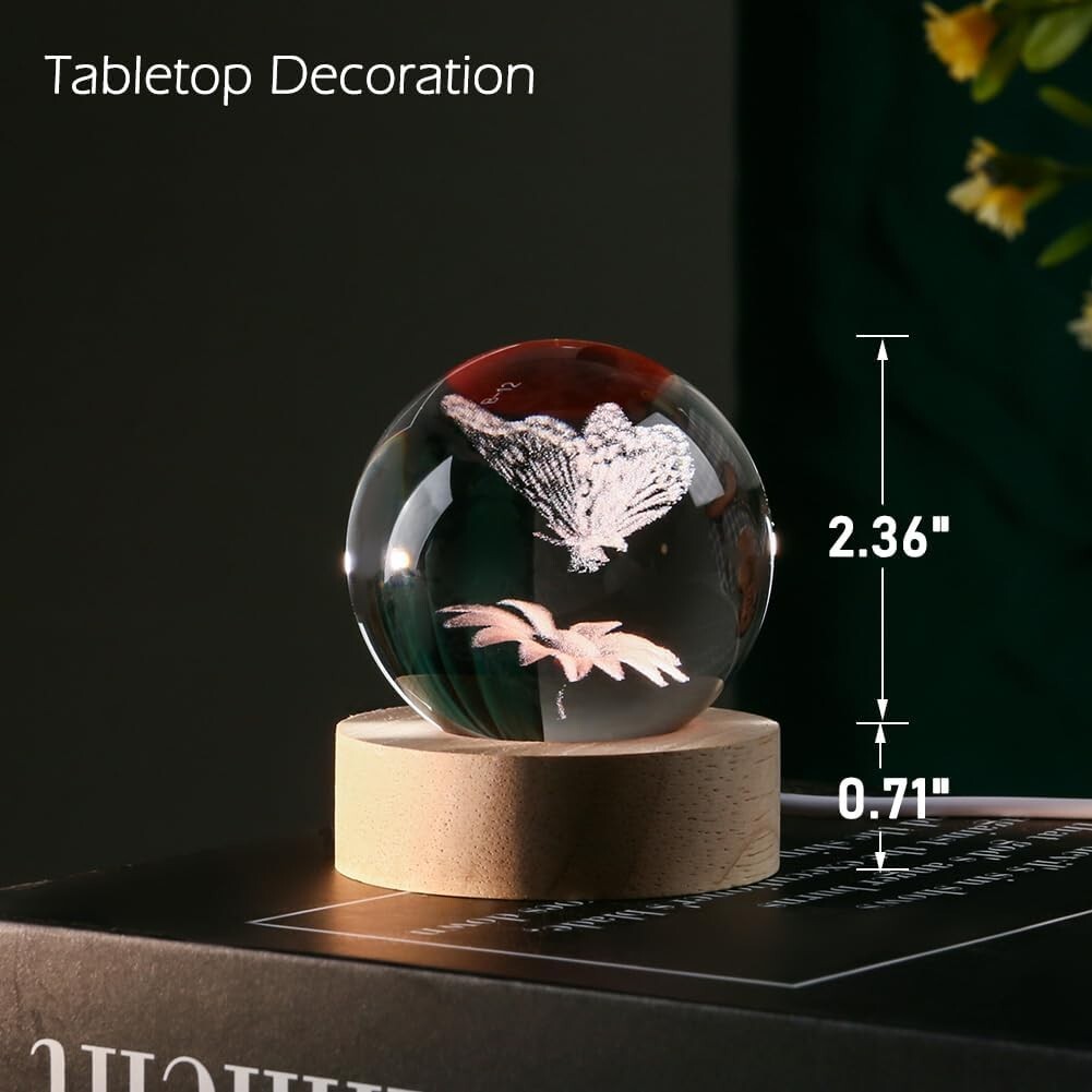 Charming Butterfly Crystal Ball with Polished Wood Base – Decorative Table Lamp