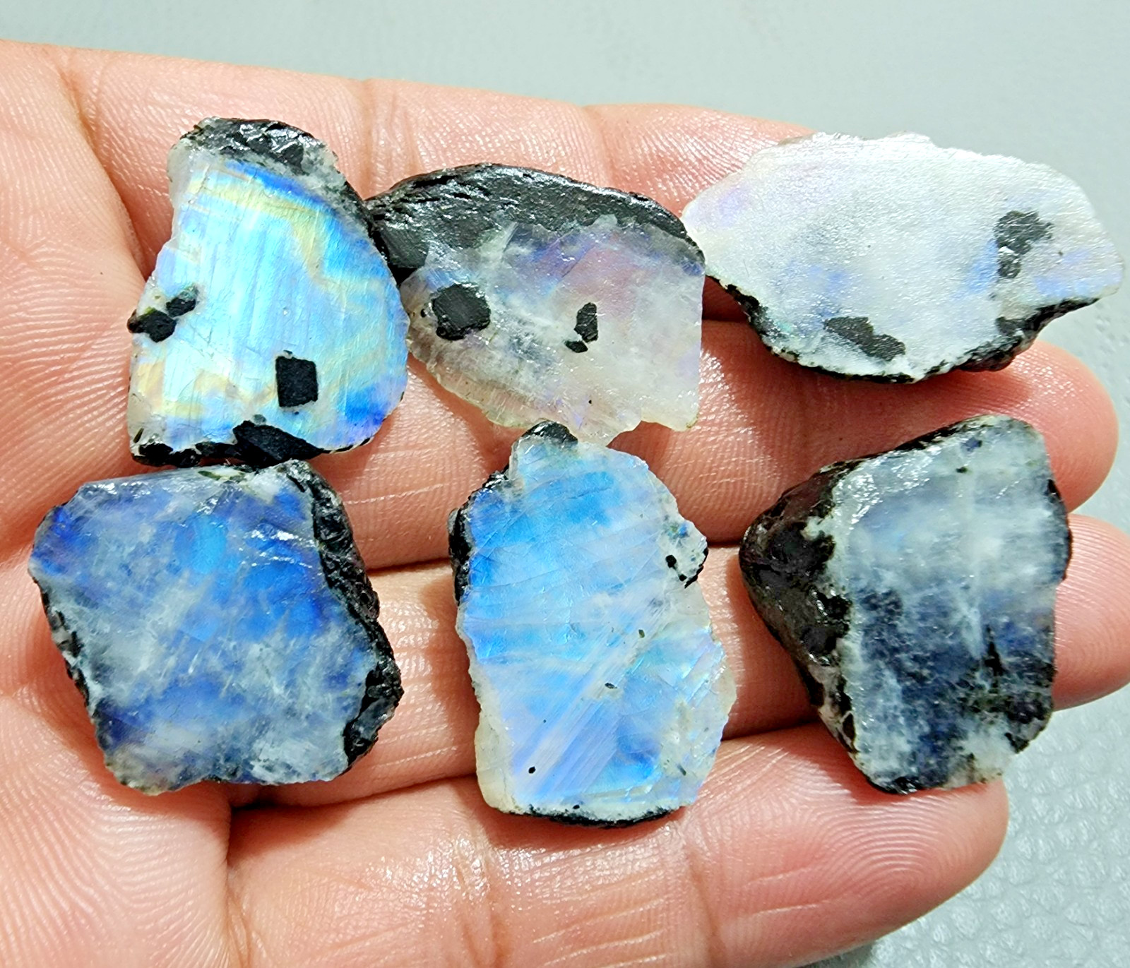 6pcs White Rainbow Moonstone Power Blue Fire Rough Loose Gemstone Jewelry 20-29M