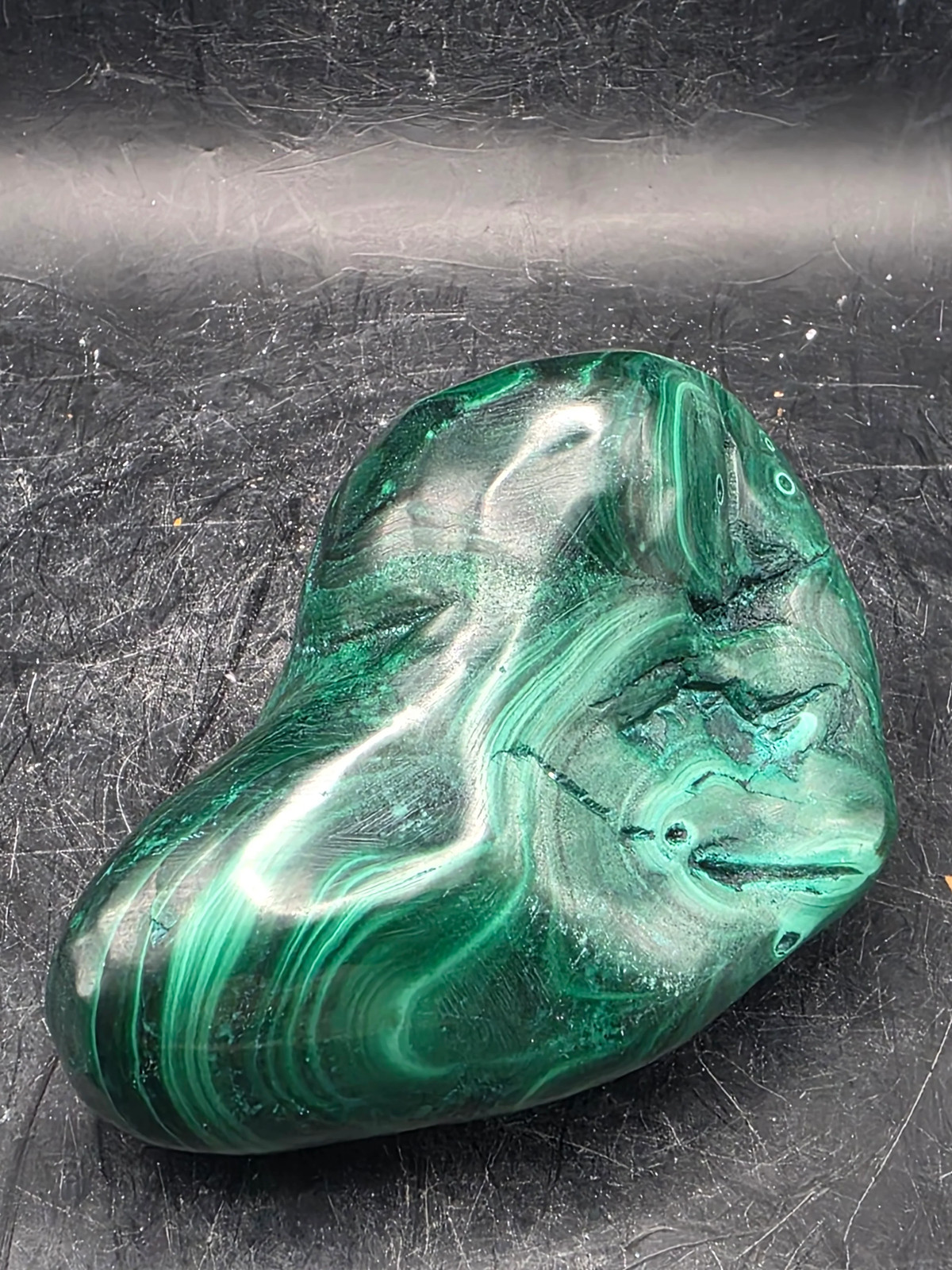 Malachite polished free form! 10 ounces, 3.2 inches long, 1.8″ wide!