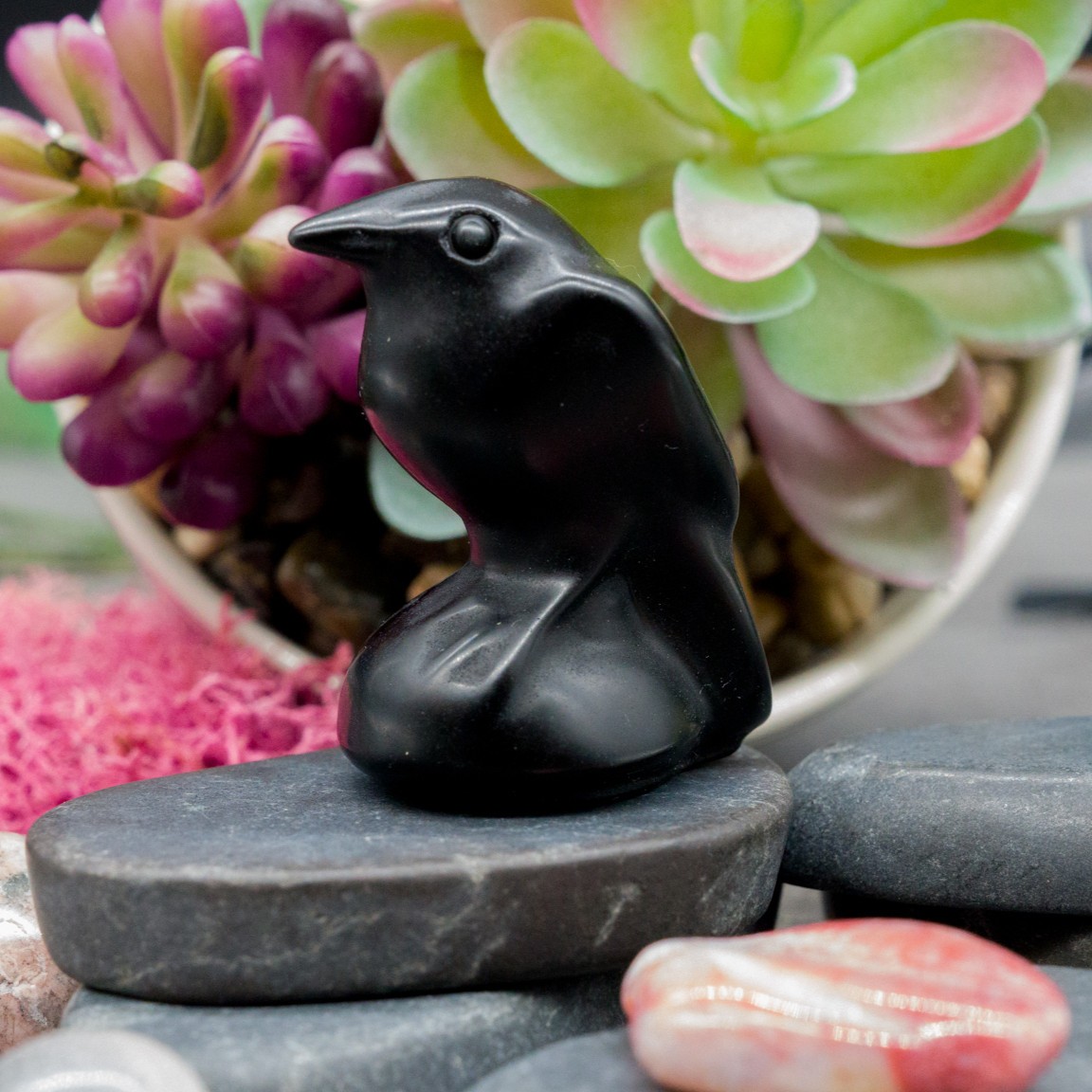 Obsidian Raven Figurine Crystal Protection Decor Home Bird Lover Animal Statue