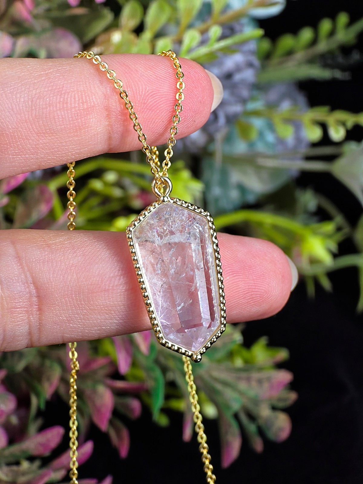 CLEAR QUARTZ CRYSTAL NECKLACE IN ELECTROPLATED GOLD SPIRITUAL JEWELRY GIFT