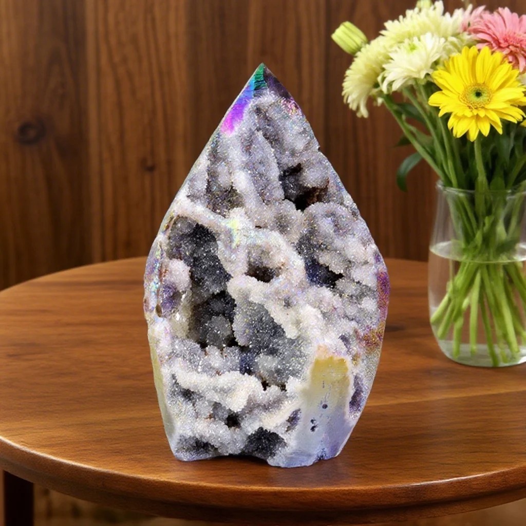 New Angel Aura Sphalerite Flame Druzy Geode Crystal Tower Obelisk Healing Decor