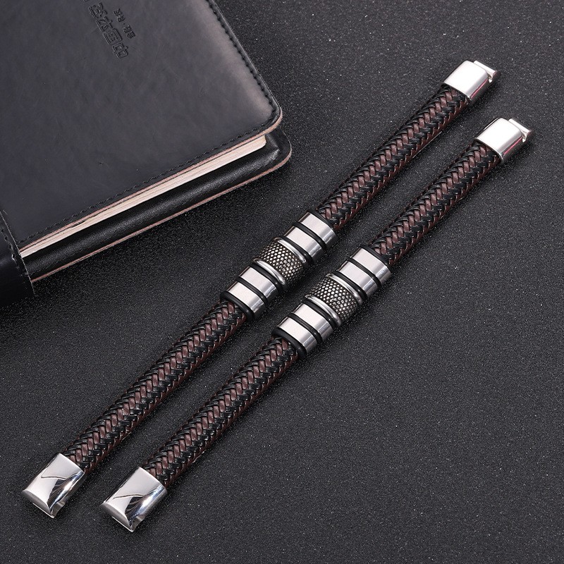 Men’s Retro Leather Braided Bracelet Bangle Titanium Steel Magnetic Clasp Gift