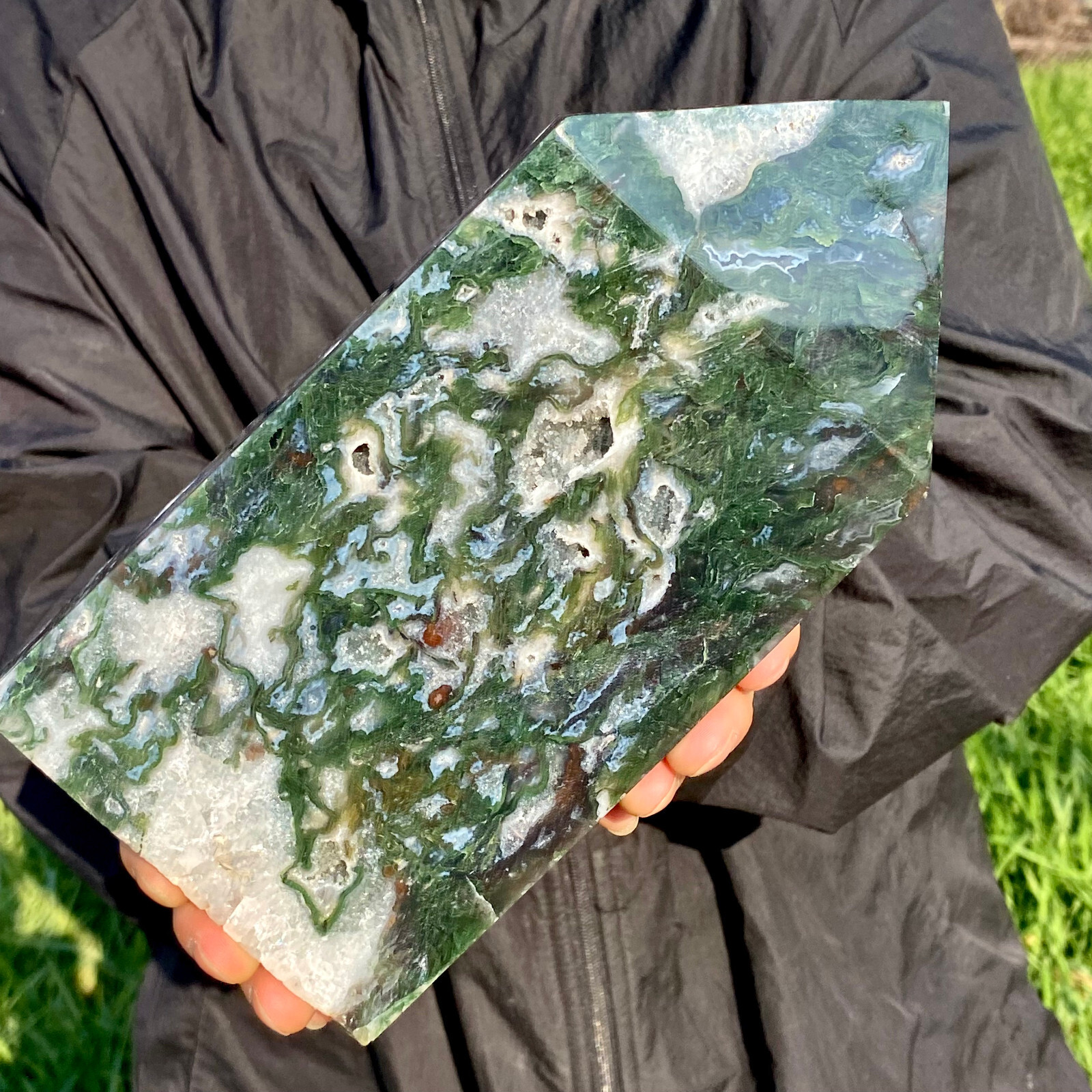3.5LB Large Natural green druzy moss agate quartz obelisk crystal aura healing