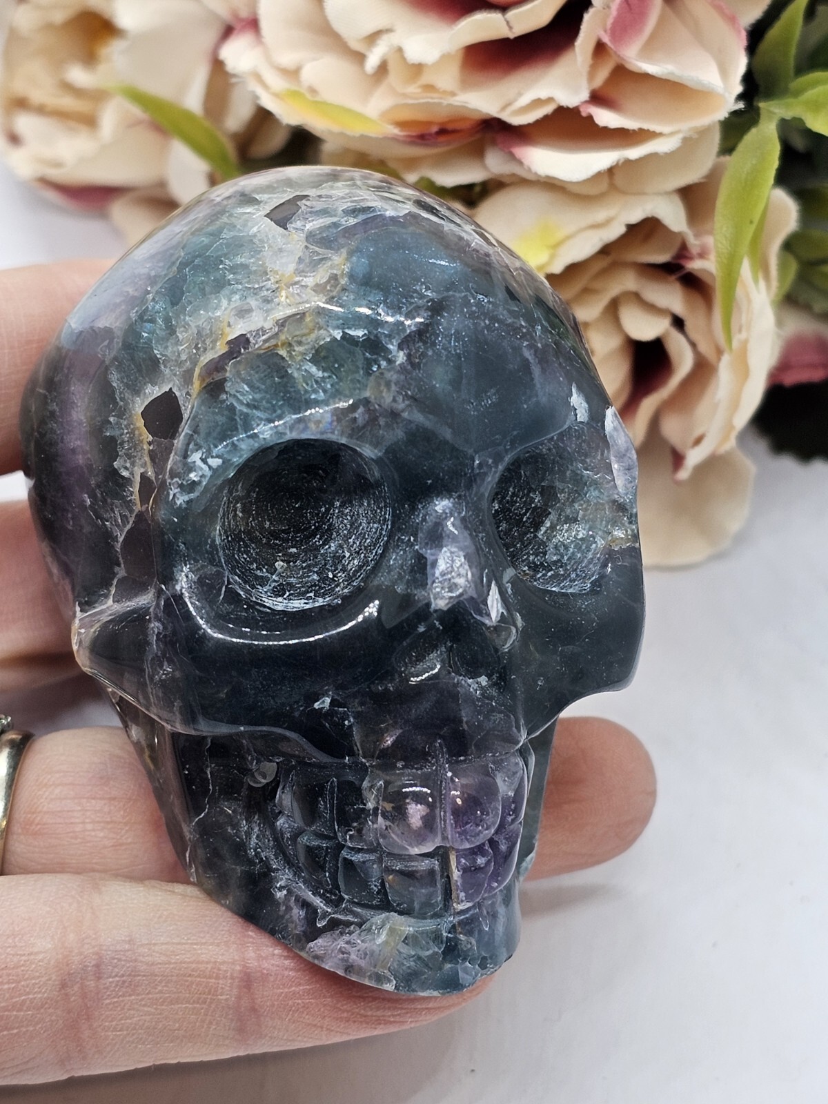 Rainbow Fluorite Skull Crystal Carving 317g Purple Green Blue 6.5x 5 x 4.4cm