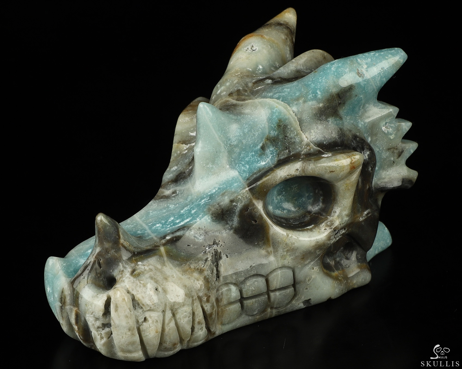 5.0″ Chinese Amazonite Hand Carved Crystal Dragon Skull Sculpture, Healing