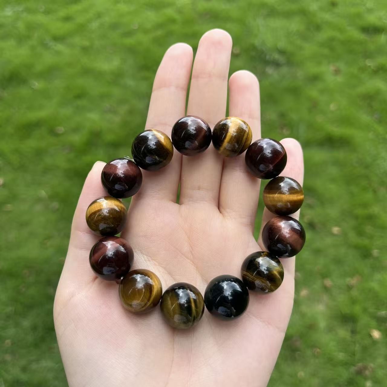 Natural Tricolor Tiger Eye Beaded Stretch Bracelet 16mm Mens Women Healing Gift