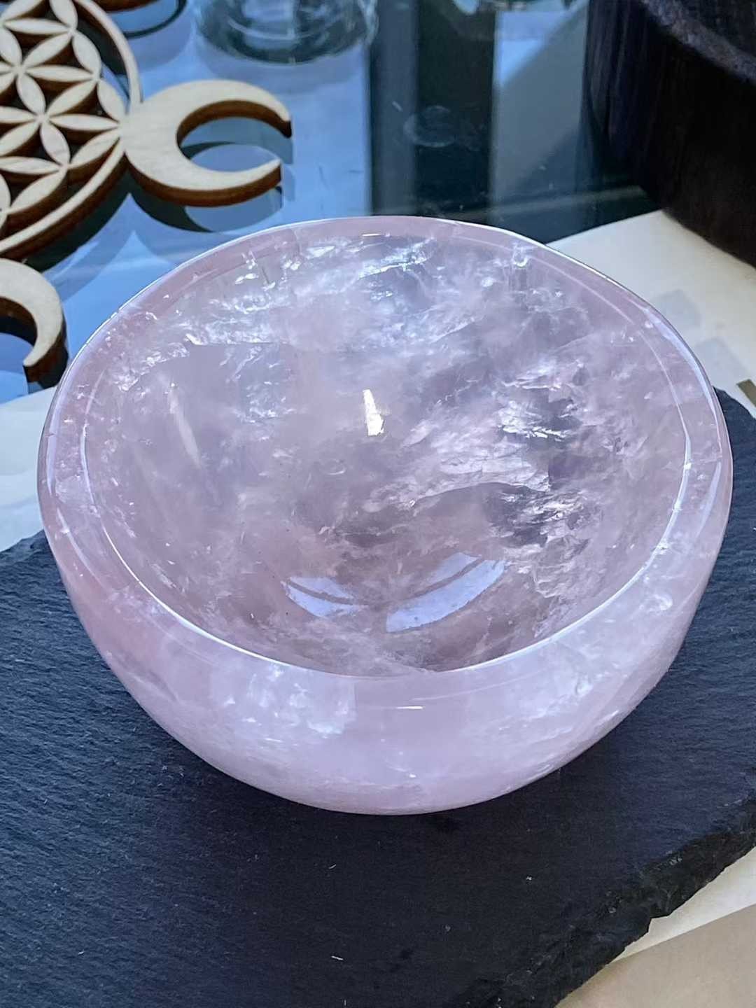 1pc Natural crystal rose quartz Carved bowl Reiki Healing Gift random 80-90mm