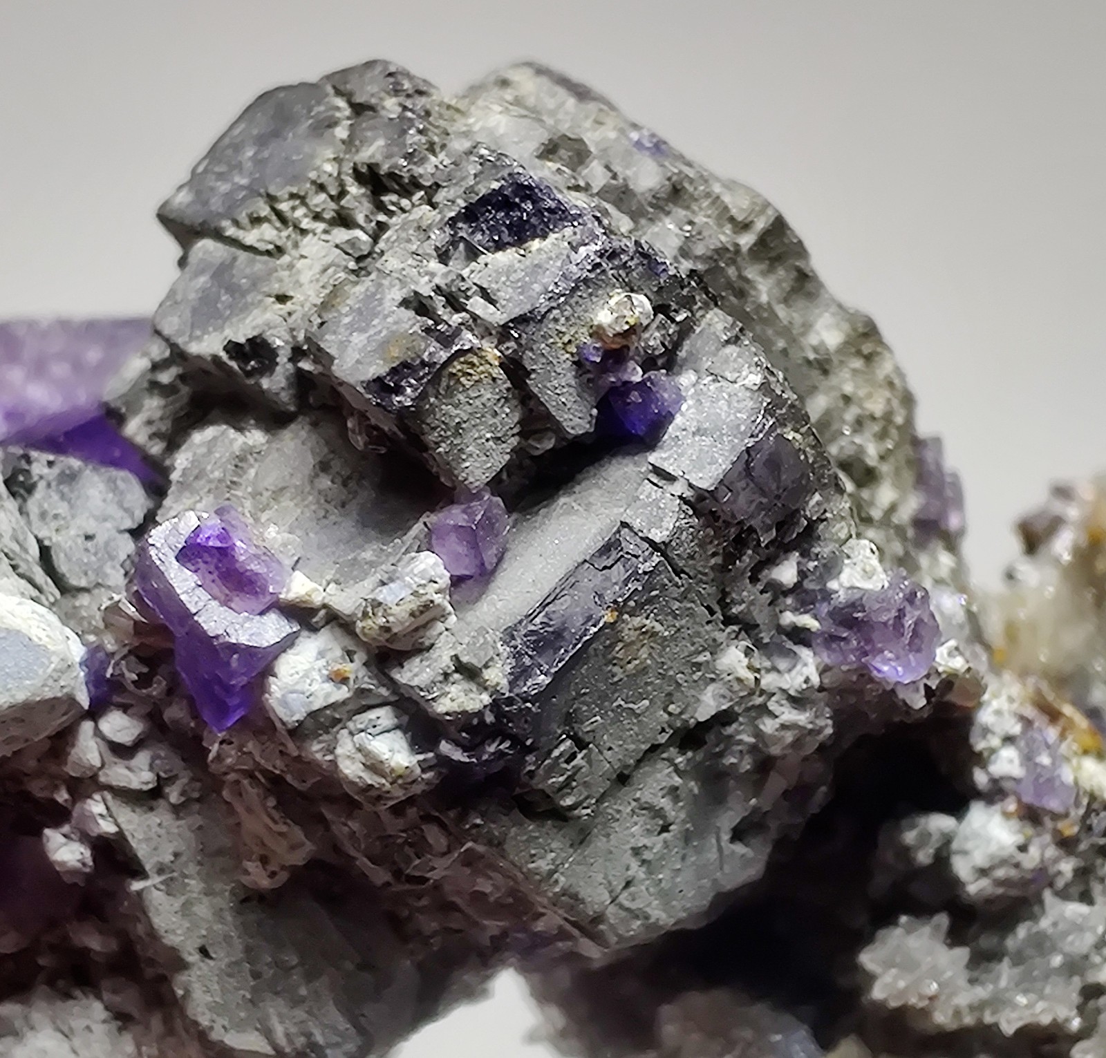 Fluorite on Galena, Sphalerite, Quartz crystals. Illinois. 25 grams.