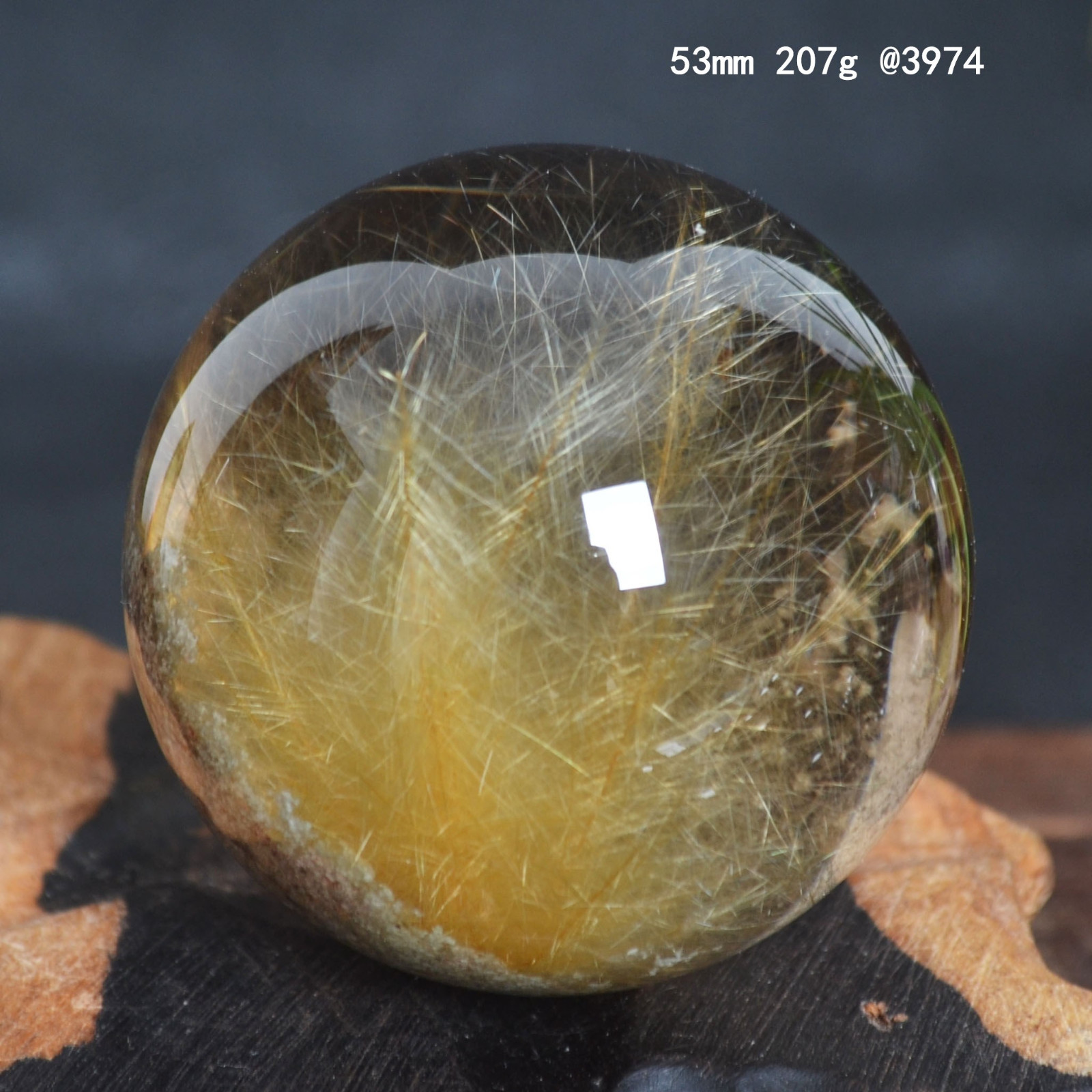 A3974-53mm-207g Natural Clear Gold Hair Rutilated Crystal Ball SPHERE Quartz