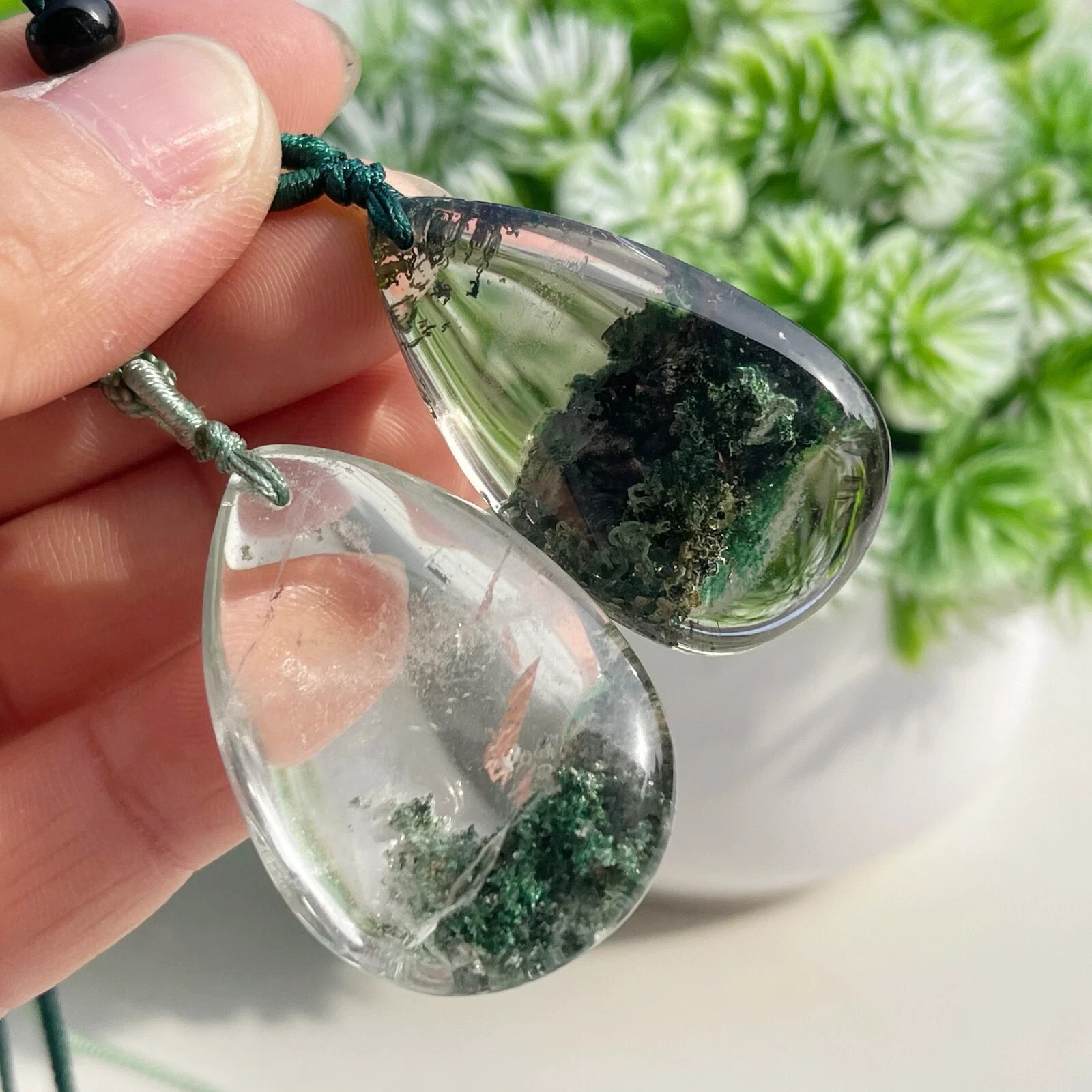2pcs Natural Ghost Phantom Quartz Crystal Pendant Necklace Chakra Healing Rock