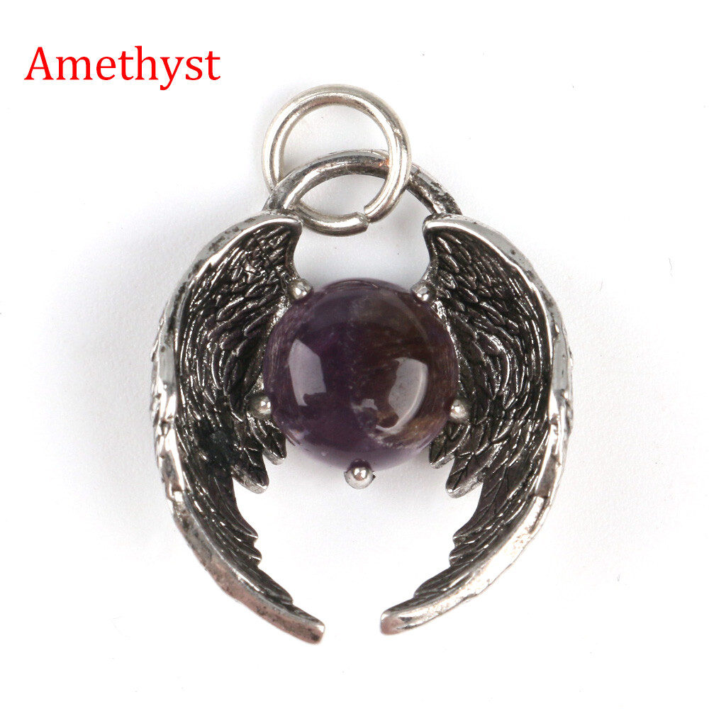 Natural Angel Wings Pendant Round Beads Crystal Chakra Gemstones Energy Amulet
