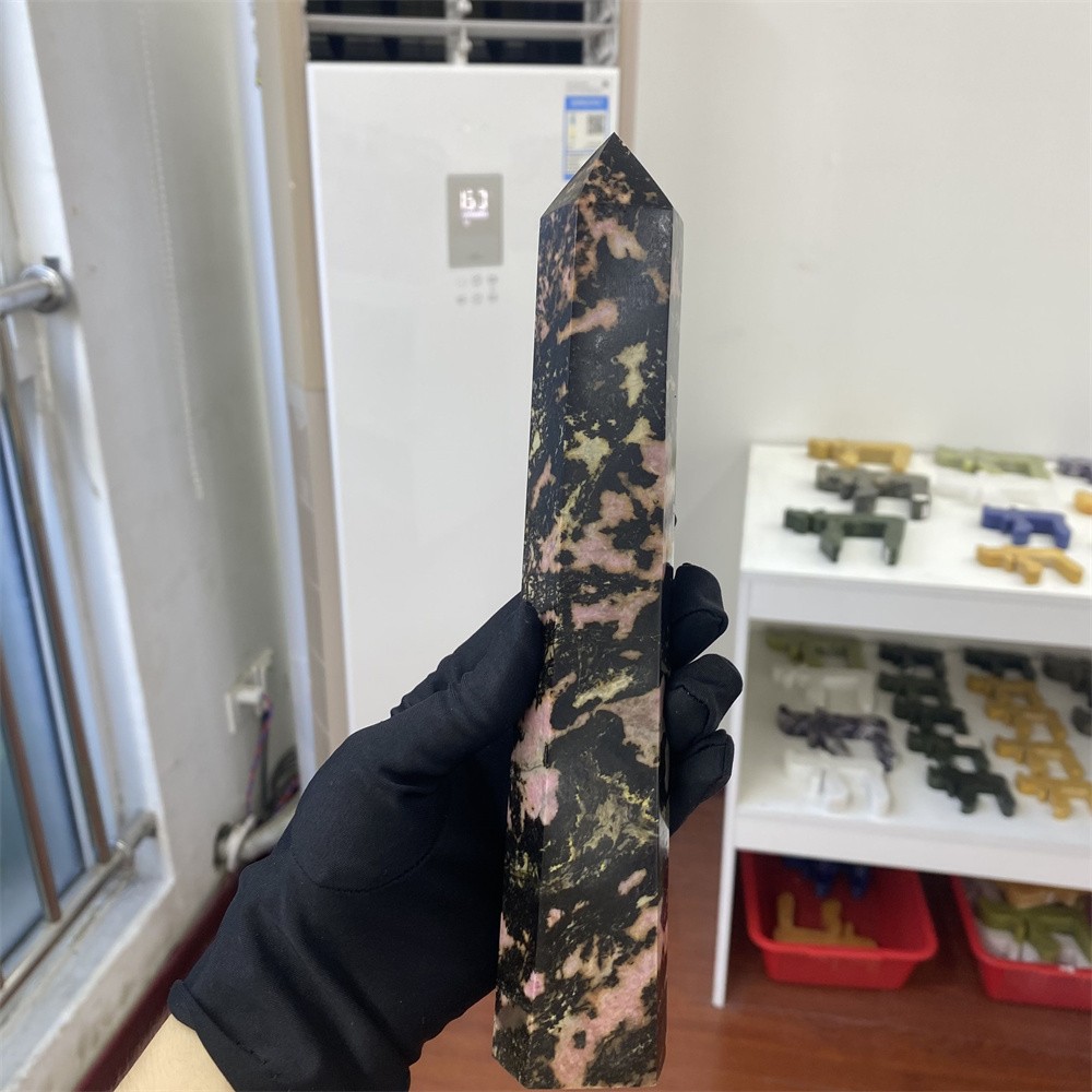 1.9LB 9″Natural Unique Pink Rhodonite Obelisk Crystal Reiki Tower Heal Decor