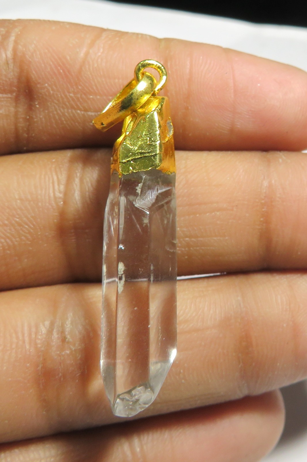 Natural Clear Quartz Crystal Point Pendant Gold Electroplated Pencil 41x8x7mm