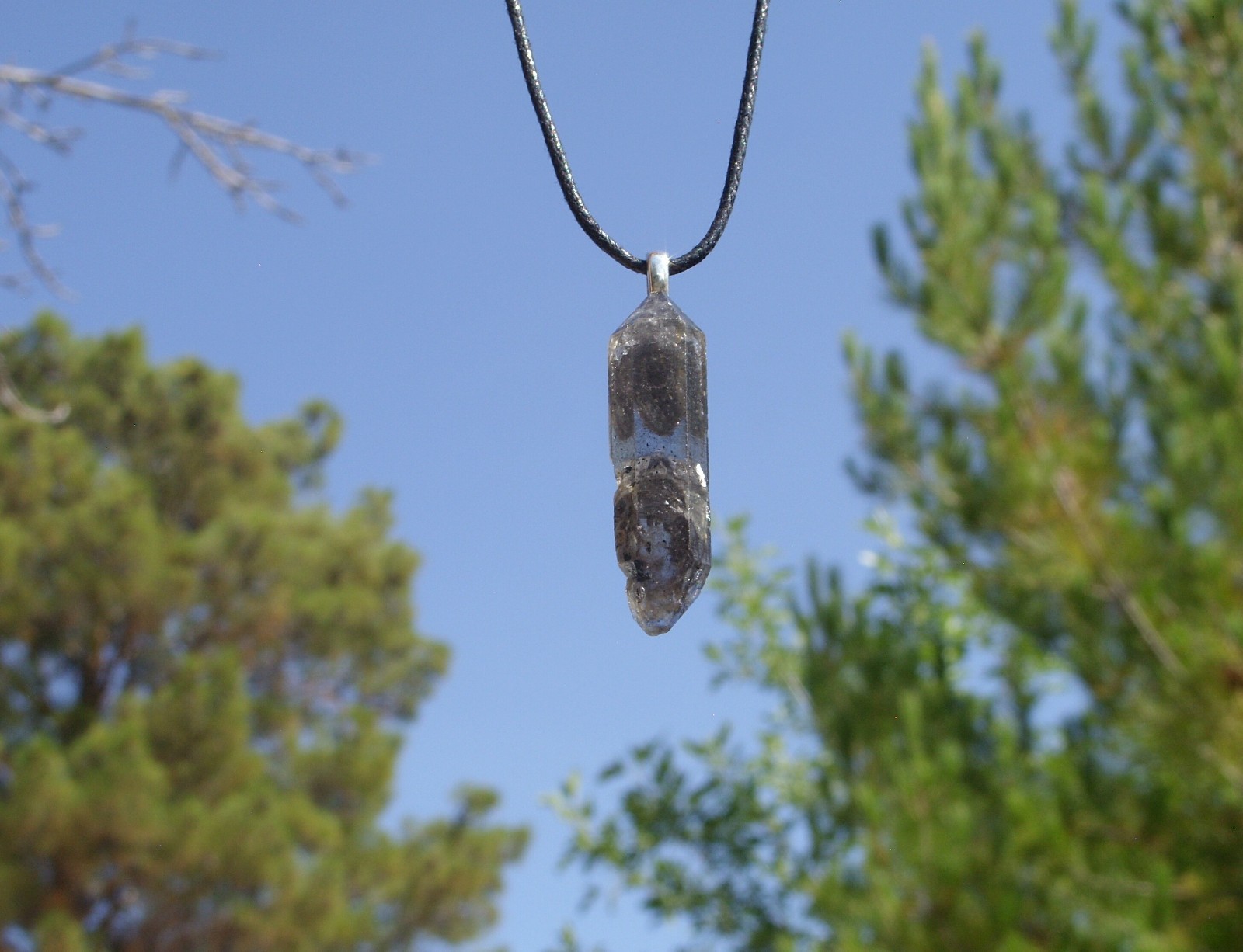 Tibetan Black Quartz Raw Crystal Double Terminated Point Stone Pendant Necklace