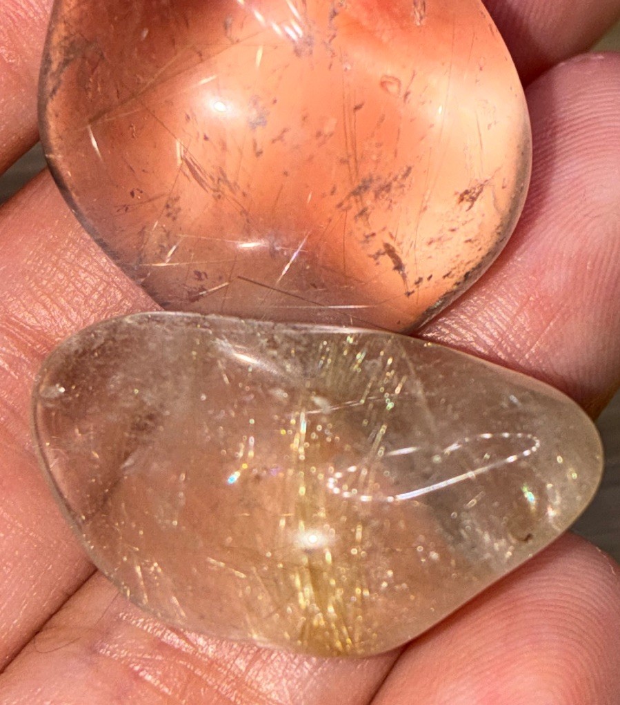 2pc Natural Clear Quartz w/ Gold Rutile, Polished Loose Gemstone Tumble Crystals