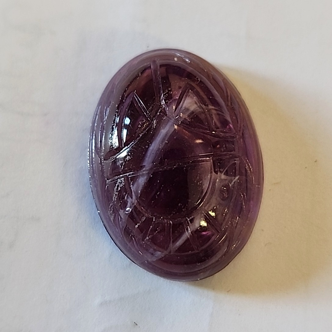 Carved Scarab Glass Gem Lot of 2 Purple Swirl Oval Egyptian Revival 25mm x 18mm