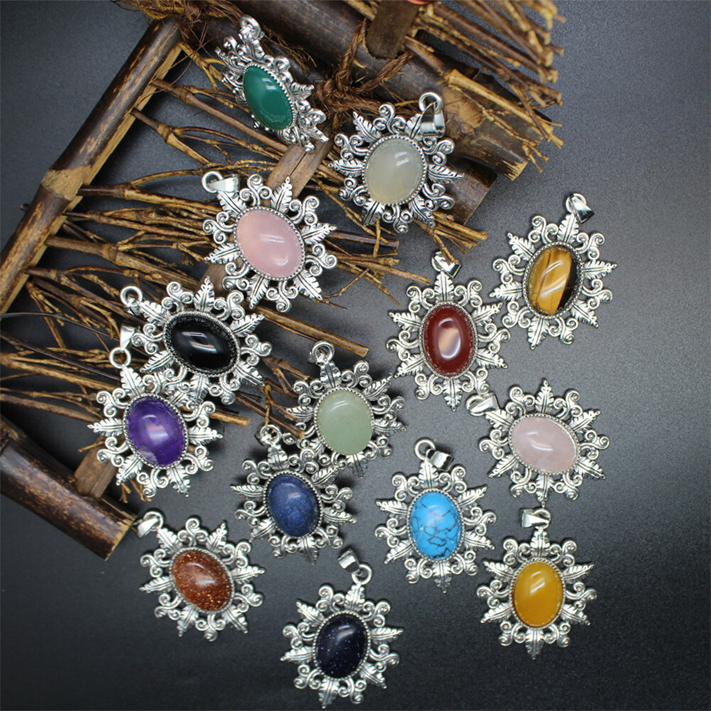 Natural Oval Bead Flower Leaves Pendant Stone Crystal Jewelry Healing Gift Reiki