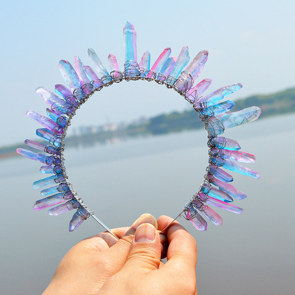 Sun Goddess Crown Hair Hoop Raw Crystal Quartz Tiara Headband Color Gradient