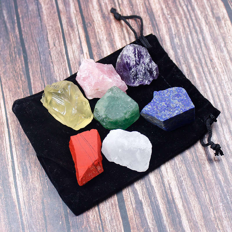 Natural 7 Chakra Quartz Crystal Raw Rough Metaphysical Energy Stone Set W/ Bag