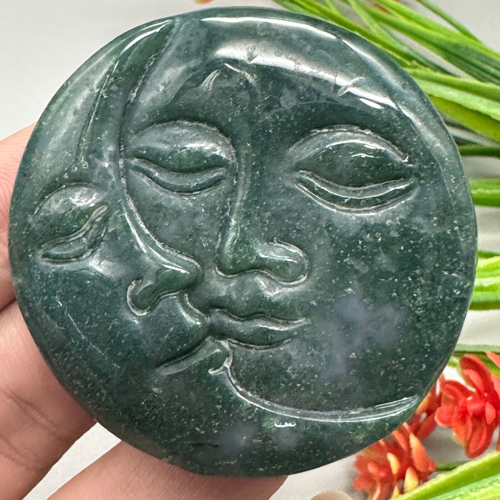 Natural Moss Agate Sun and Moon Face Quartz Skull Crystal Specimen Reiki Healing