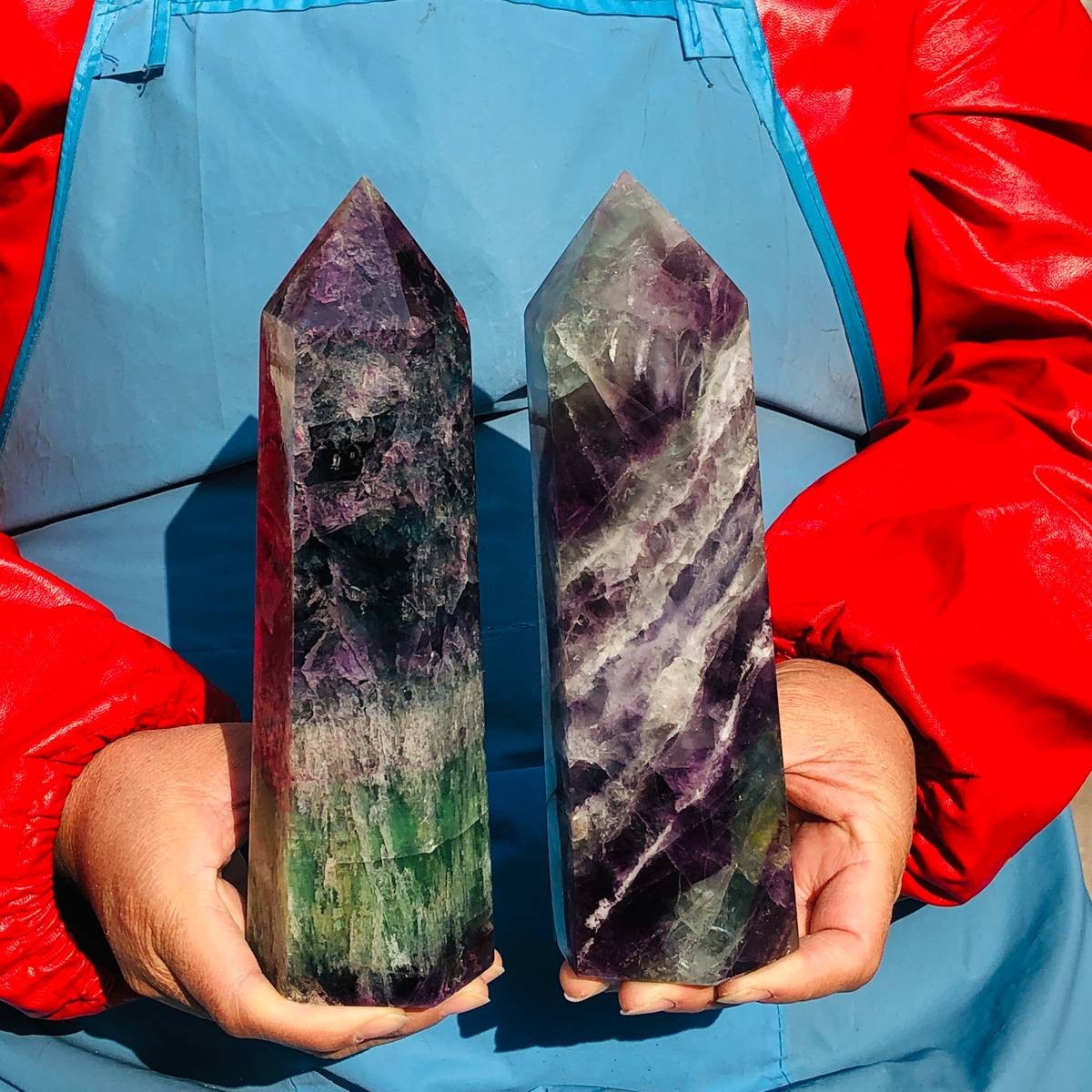 2pcs 5.72LB Natural Colourful Fluorite Obelisk Quartz Crystal Tower Healing
