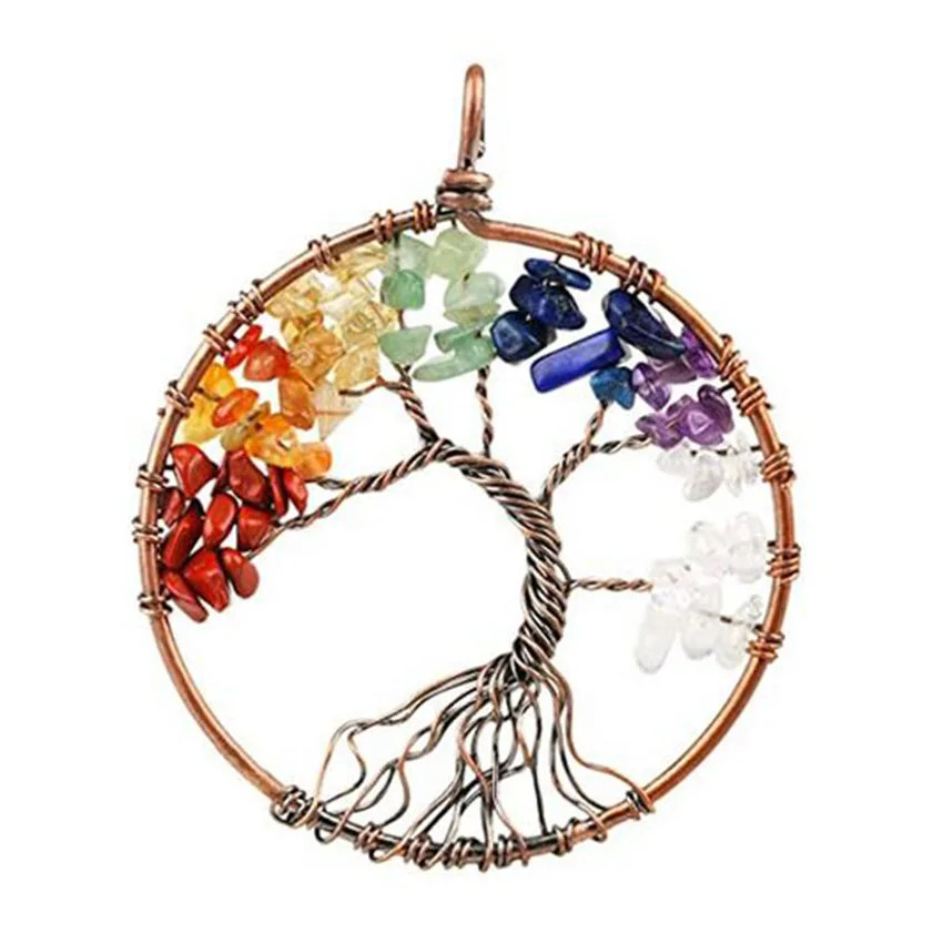 KFT Natural Tree of Life Stone Pendant Amethysts Crystal Reiki Wire Wrapped roun