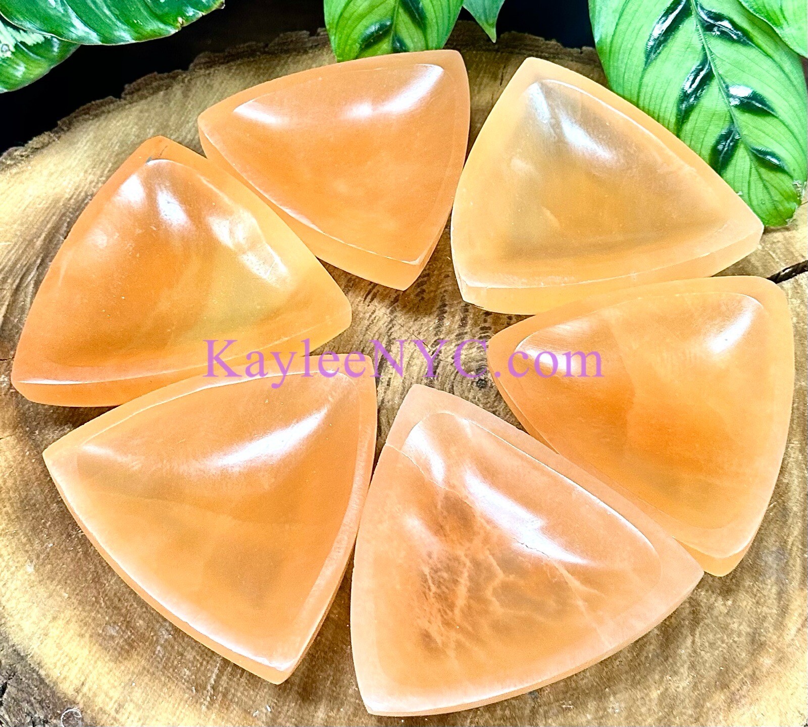Wholesale Lot 6 PCs Natural Peach Selenite aka Satin Spar Triangle Bowls Crystal
